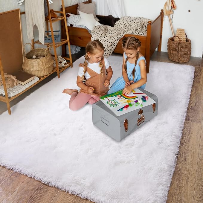 Super Fluffy Area Rug for Bedroom, Modern Shag White Area Rugs, Soft Plush Small Carpet for Kids,Girls Boys and Teens Decorations for Living Room Dorm Nursery Classroom, 5x7 Feet