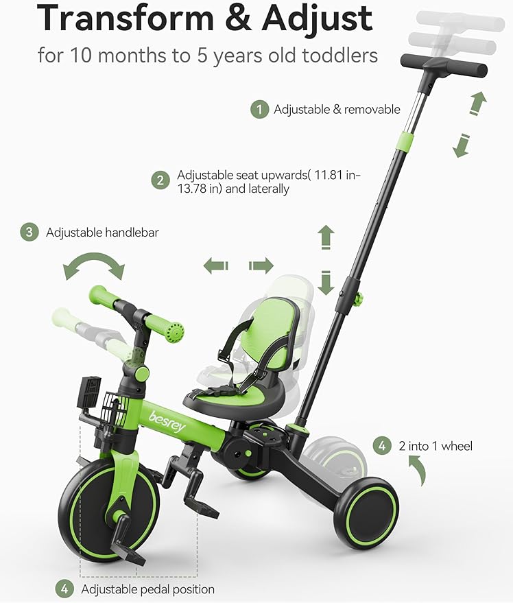 besrey 5 in 1 Toddler Bike, Toddler Tricycle for 1-3 Year Old, Trike with Push Handle, Backrest and Safety Belt, Birthday Gifts and Toys for Boys and Girls, Balance Bike