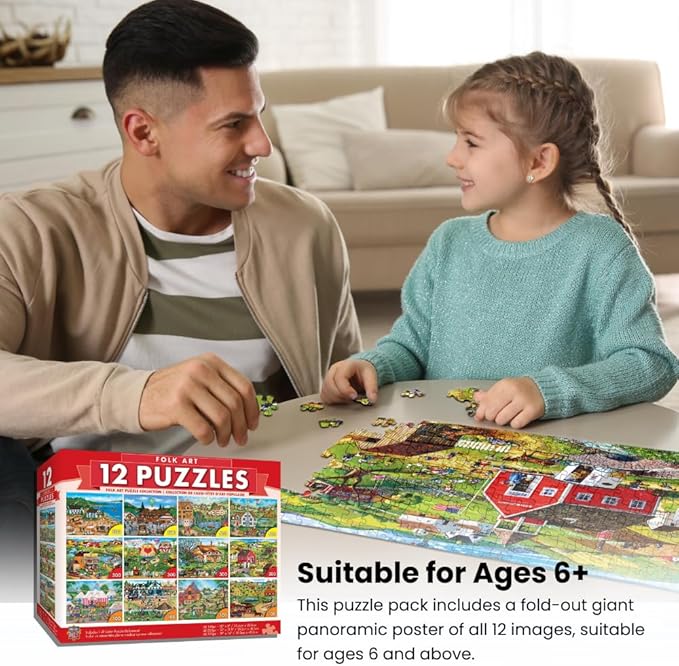 MasterPieces - Jigsaw Puzzle 12-Pack Bundle Set, Folk Art by Artist Alan Giana, Family Fun for Adults and Kids