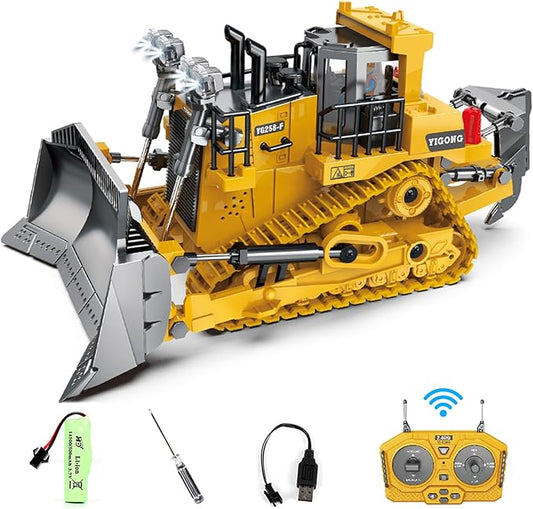 9 Channel 2.4GHz Remote Control Bulldozer, High Performance Simulation Construction Vehicle with Realistic Lights and Sounds, Ideal Gift for Kids Aged 6+ (Bulldozer)