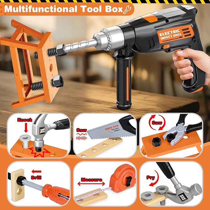 Kids Tool Set with Electronic Toy Drill, 41 Realistic Toy Tools with Tool Box for Toddler, Pretend Home Tool Kit & Drill Sets, Kids Construction Toys, Birthday Gifts for 3 4 5 Years Old Boys Girls