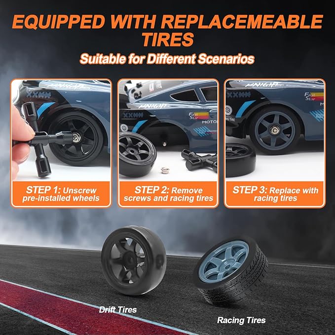 Dollox Remote Control Car 1/16 Scale RC Drift Car 2.4GHz 4WD High Speed 18+KM/H Vehicle with LED Lights and Spray, Extra Drifting Tires Racing Vehicle Toys Birthday Gifts for Adults Boys, 2 Batteries