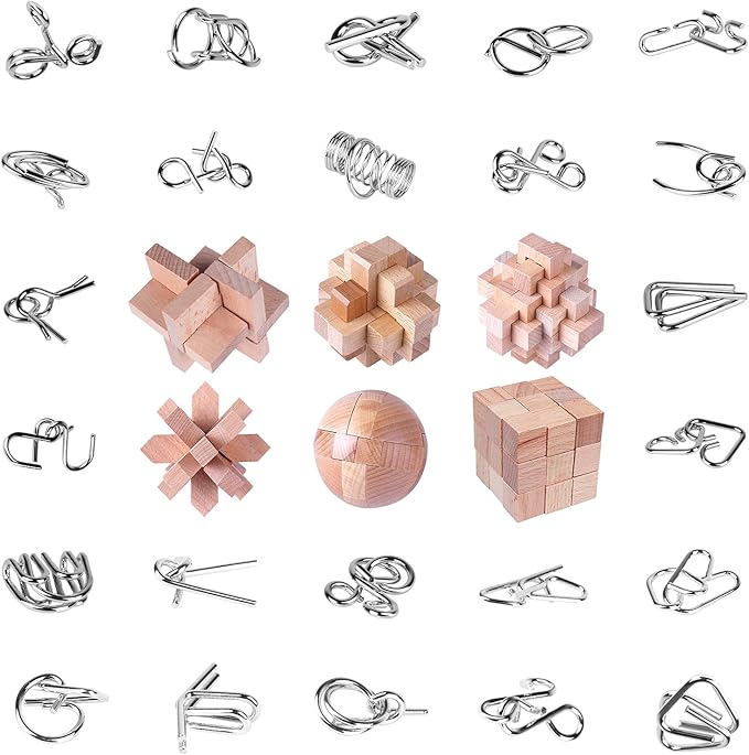 30Pcs Brain Teaser Puzzles for Games - Educational Toys, Wooden and Metal 3D IQ Puzzles, Unlock Interlock Box