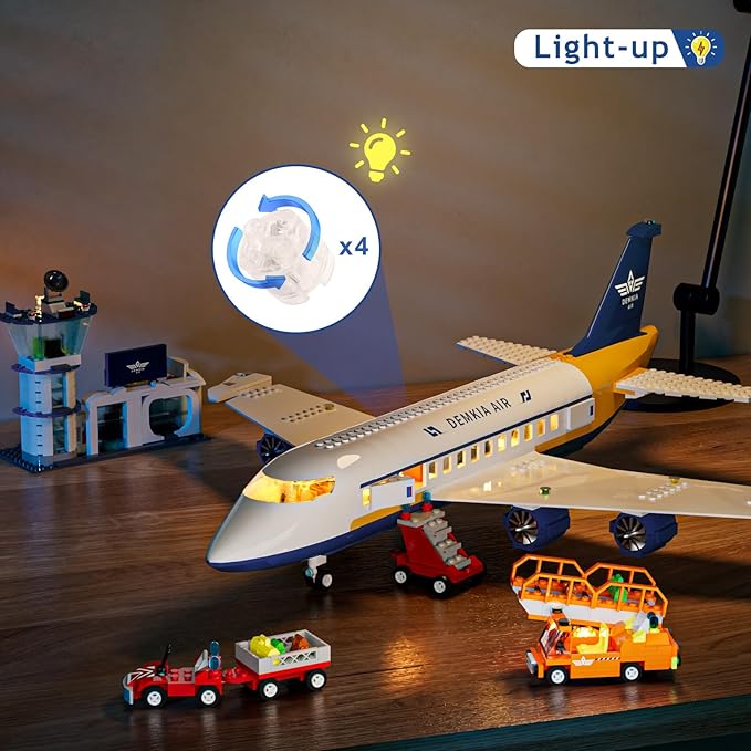 Large City Passenger Airplane Building Set with LED Light, 1089 PCS Toy Plane Building Blocks with Airport Terminal, Luggage Cart, Belt Loader Model Plane Toys Gift for Boys Girls Kids 6-12+