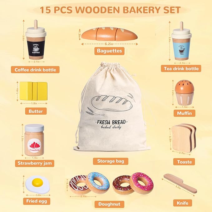 Wooden Bakery Playset Food Toys, Kids Pretend Play Food Baking Set Kitchen Accessories with Storage Bag, Pretend Play Bread Cutting Food for Boys Girls 3+