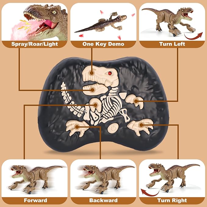RC Tyrannosaurus Rex Dinosaur Toys for Kids 3-5, 5-7, 8-12, Remote Control T Rex Dino Robot Toy with Spray, Roar & Light, Birthday for 3 4 5 6 7 8 9 10 11 12 Year Old Boys (Brown)