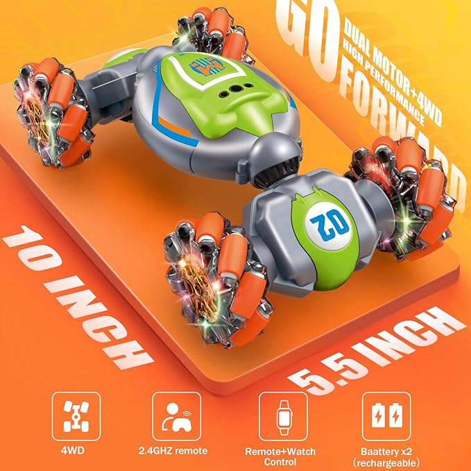 Remote Control Car for Boys Girls,Gesture Rc Stunt Car for 4-7 8-12 5 6 9 10 11 13 Year Old Boys Birthday Gifts,2.4 GHz 4WD 360° Rotatin Sensing Toys for Kids with Light and Music-Green Medium