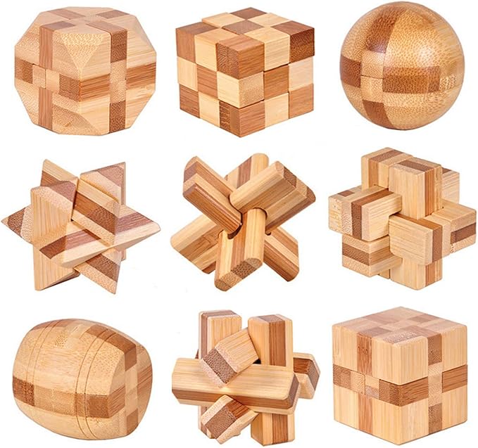 VolksRose 9pcs Wooden Brain Teaser Puzzles, IQ Challenge Puzzle Games, Logic Smart Mind Puzzle Box Lock Toy Removing Assembling 3D Small Puzzle Gift Set for Adults Teenagers Kids, 1.8inch 4.5cm