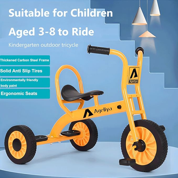 Kids Tricycle for Preschool Ages 3+, Ideal Outdoor Playground & Daycare Yard Trike, Durable Metal Pedal Trike, Sturdy Carbon Steel Frame, Solid Rubber Wheels, for Boys and Girls