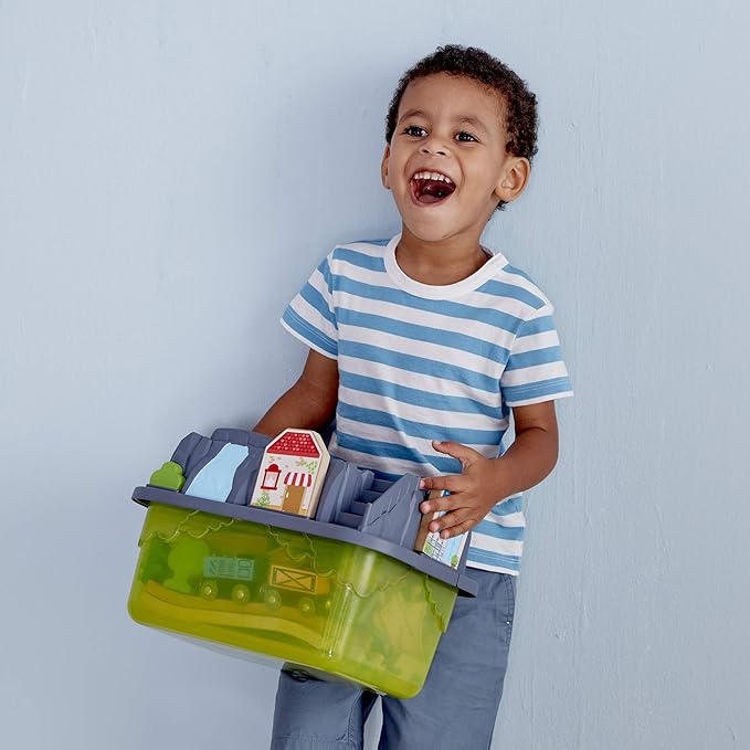 Hape Railway Bucket Builder Set | 50-Piece Multi-Color Wooden Train Set Toy, Construction Building Kit for Kids