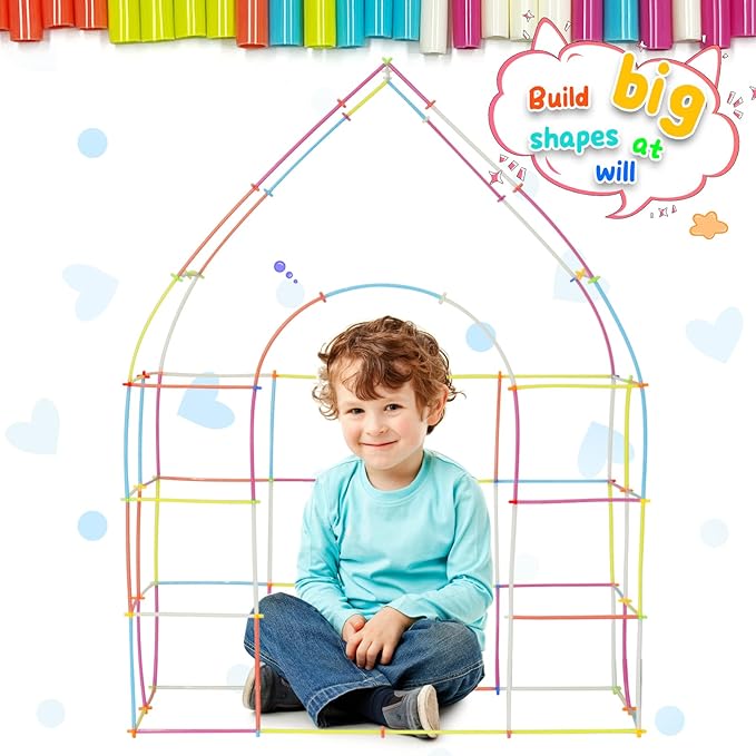 Straw Constructor STEM Building Toys Macaron 600Pcs Interlocking Gear Toy Sets for Kindergarten Classroom, Engineering Thin Tube Blocks for 3 4 5 6 7 Years Kids Toy for Boys and Girls Gift