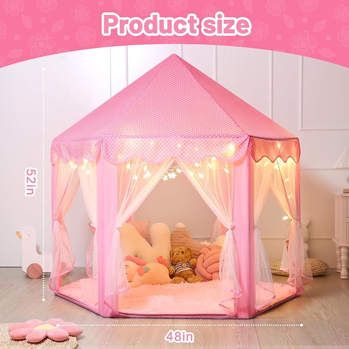 Princess Tent for Girls Indoor: with Rug, Star Lights - Pink Play Tent for Kids, Girls Toys for Indoor and Outdoor Games, Princess Castle Playhouse