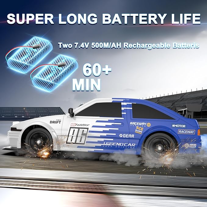 RC Drift Car Remote Control Car 2.4ghz 1/16 Scale 4WD High Speed RC Cars Vehicle with LED Lights Two Batteries and Drifting Tire Racing Sport Toy for Adults Boys Girls Kids Gift