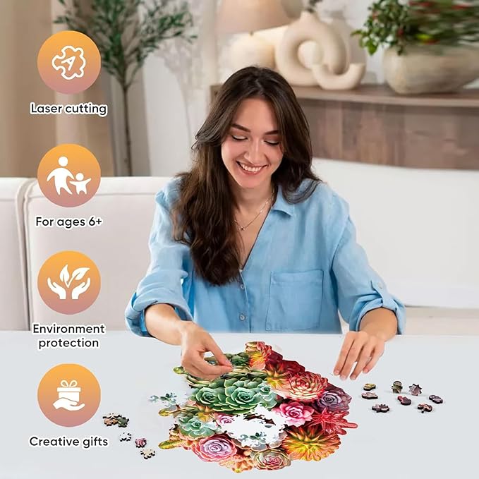 Wooden Puzzles for Adults, Colorful Succulent Puzzle for Mom, Challenging Puzzle, 200 Piece Luxurious Shaped Wooden Puzzles for Family Game Medium 11.3 * 10.5in