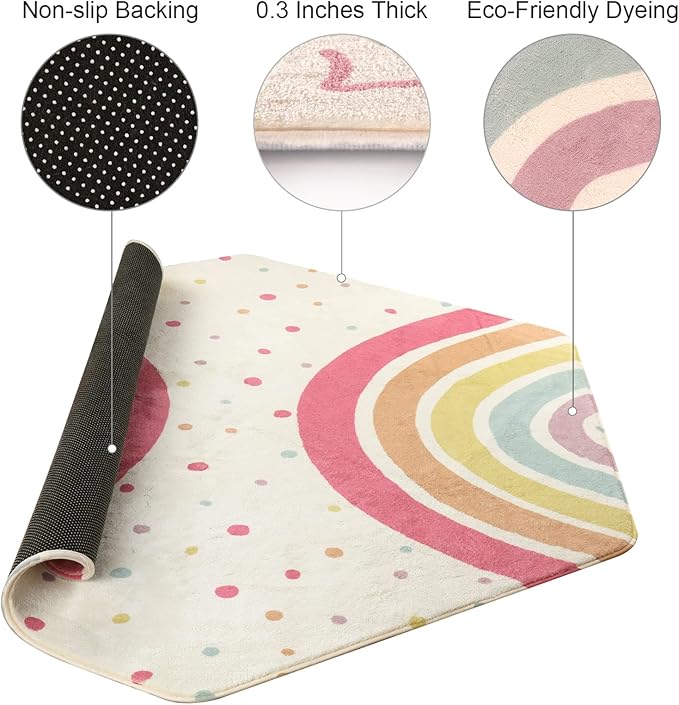 STARUIA Rainbow Rug for Baby Girls Bedroom, 55"x47" Washable Area Rug for Princess Tent Castle, Hexagon Non-Slip Nursery Rug Ultra Soft Play Carpet for Kids Room Playpen Dorm