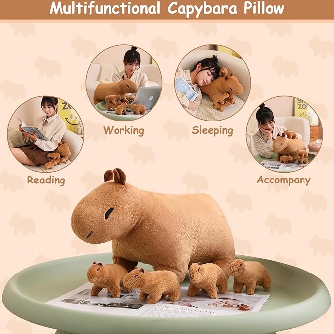 SQEQE Capybara Mommy Plush with 4 Cute Babies Capybara Stuffed Animals, Super Soft Plushie Stuffed Cotton Plushies Animal Toy Gift for Boys and Girls