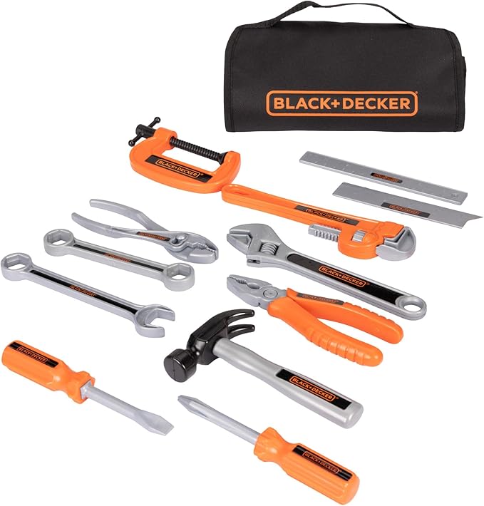 BLACK+DECKER Kids Tool Bag Set 13-Piece Junior Roll Up Bag Pretend Play Tools, Hammer, Phillips Screwdriver, Pliers, Adjustable Wrench & More! for Boys & Girls Ages 3+