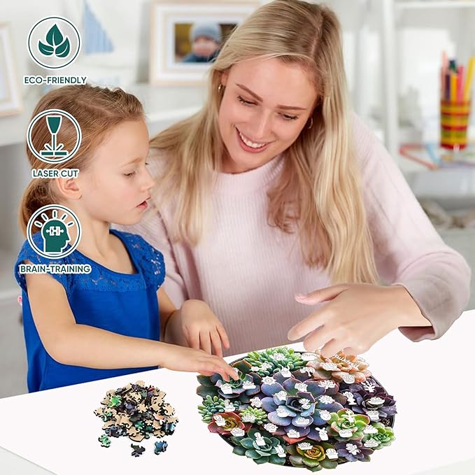 Succulent Wooden Puzzle Adult,200 Pieces Round Mandala Plants Puzzles,Extra Thick 5MM,Unique Shaped Liberty Jigsaw Puzzles for Adults and Kids, Family Game,Birthday Gifts,11.2x11.2 Inches