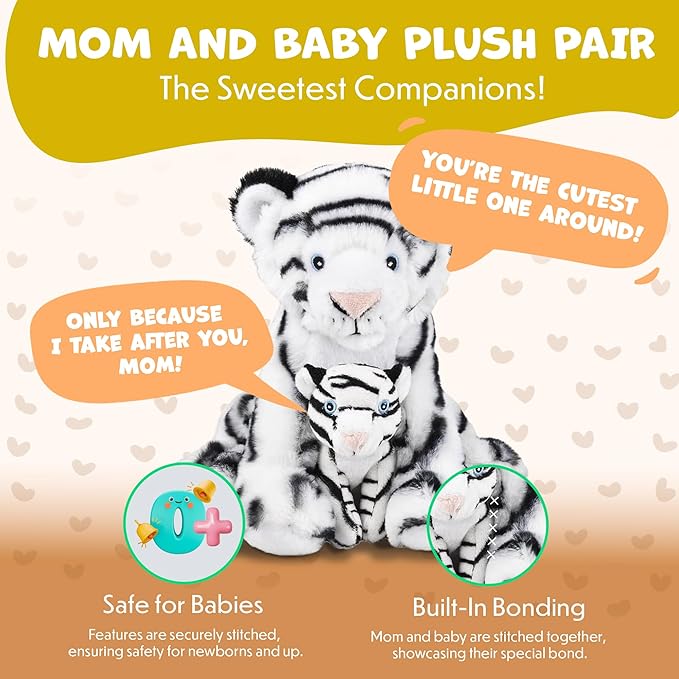 Mom and Baby Stuffed Animals for Boys & Girls, Safari Baby Shower Decorations, Nursery Decor, Zoo Animals for Toddlers, Quality Realistic Toys for Kids, Cute, Soft, Huggable (9.5" White Tiger)