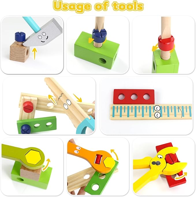 TONZE Kids Tool Set Wooden Toddler Tools Montessori Toys for 3 4 Year Olds, 34 PCS Educational STEM Construction Toys Pretend Play Toddler Tool Set Birthday Gift for Age 3-4 Boys & Girls