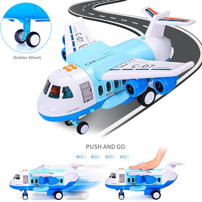 Bennol Spray Airplane Toys for Boys, Large Transport Cargo Airplane with 6 Construction Vehicle 10 Road Signs 1 Play Mat with Lights Sounds, Christmas Birthday Gifts for 3 4 5 6 7 8 Year Olds Boys