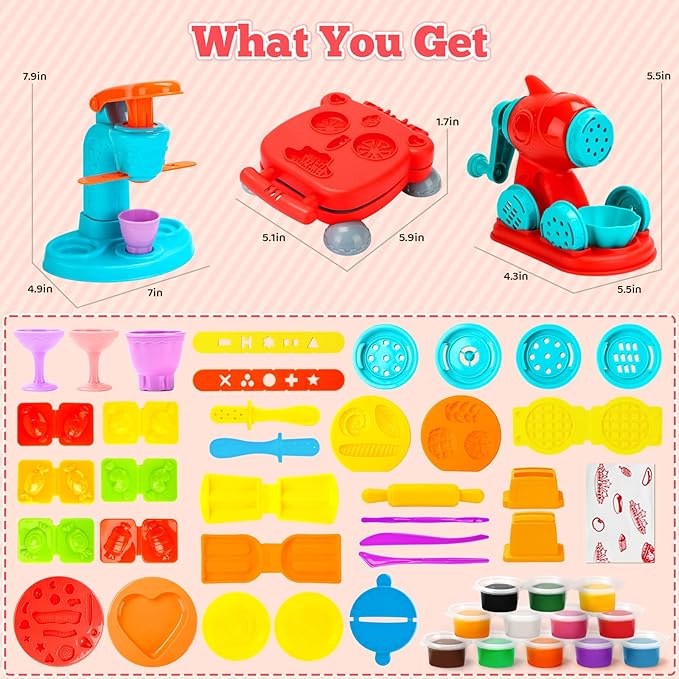 3 in 1 Dough Sets for Kids Ages 4-8, Dough Tools Kit with Ice Cream Noodle Hamburger Maker Machine, Kitchen Creations Art Crafts Food Play Toys for Boys Girls Kids Toddlers Ages 3+