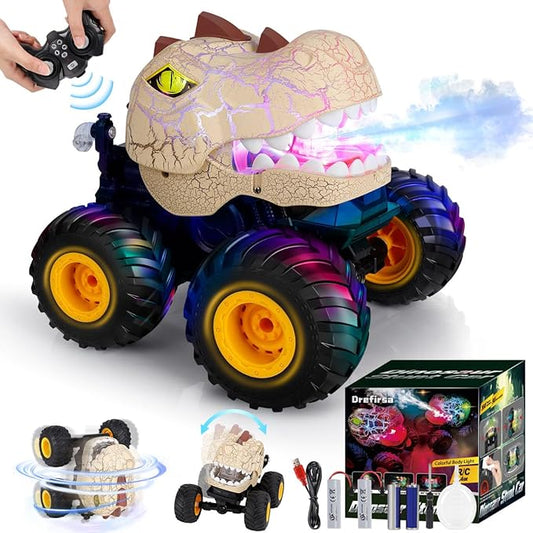 Dinosaur Remote Control Car for Kids Ages 3-5 6-12, Remote Control Monster Truck with Spray, Light, 360° Rolling&90° Driving, All Terrain Dinosaur Toy for Boys Birthday Gift