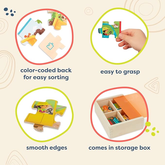 B. toys – Wooden Puzzle Set – Car Carrier, Loader, Excavator, Dump Truck – 12-Piece Jigsaw Puzzles For Kids – 3 Years + – Pack o' Puzzles - Trucks