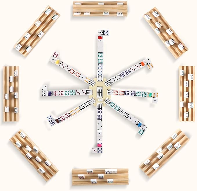 Mexican Train Dominoes Set with 8 Wooden Trays/Racks, Double 12 Dominos Travel Set with 8 Domino Tiles Holders, 91 Tiles Double 12 Colored Dominoes Game Set with Portable Case for Families Kids