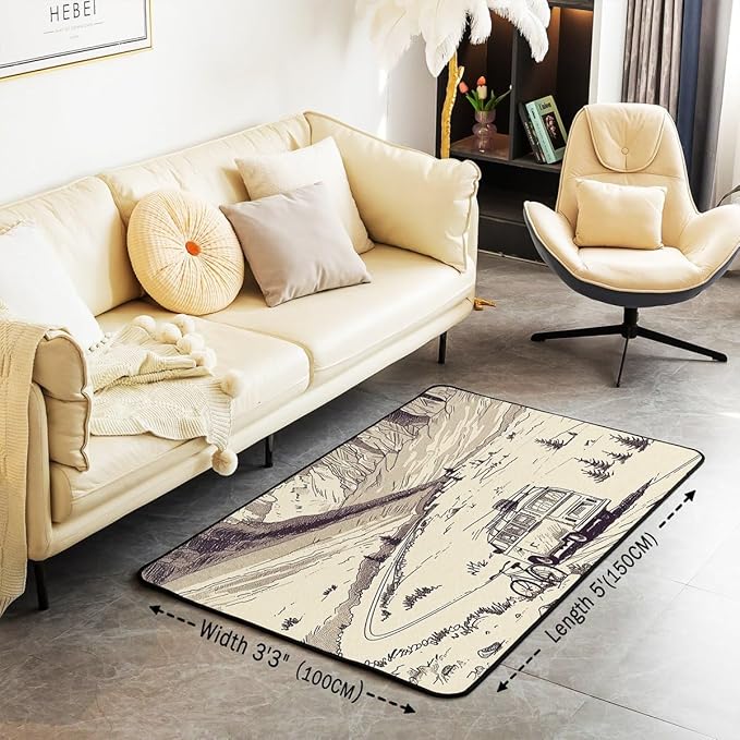 Erosebridal Hand Drawn Mountain Area Rug 3x5 Cartoon RV Car Rug for Children Teens Retro Camper Bicycle Carpet Family Camping Travelling Bedroom Non Shedding Decorative Rug