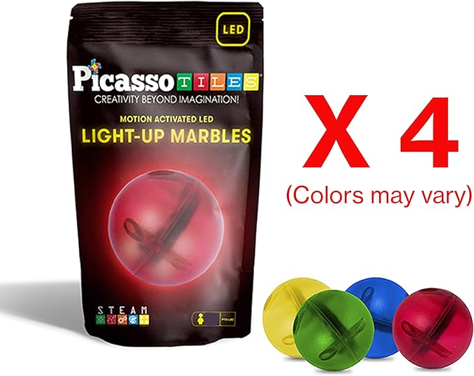 PicassoTiles Motion Activated Marbles 4pc LED Light-Up Glow in The Dark Translucent Balls for Marble Run Race Racetrack Maze Magnetic Construction Magnet Tiles Building Block STEM Education Kids Toys