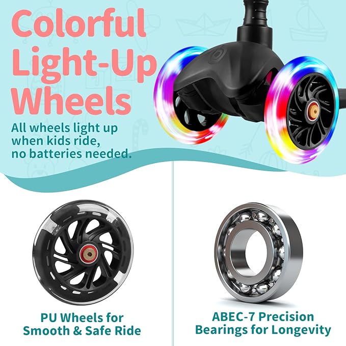 BELEEV A1 Scooter for Kids Ages 2-6, 3 Wheel Kick Scooter for Toddlers Girls Boys, Light up Wheels, Adjustable Height, Lean to Steer, Non-Slip Deck, Lightweight Push Scooter for Children