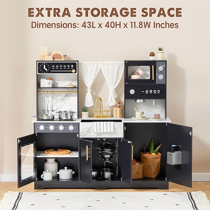 Tiny Land Play Kitchen for Kids, Wooden Play Kitchen Sets for Girls and Boys, New Modern Toddler Kitchen Toy Kitchen Designed in Trendy Home Style, Gift for Ages 3+