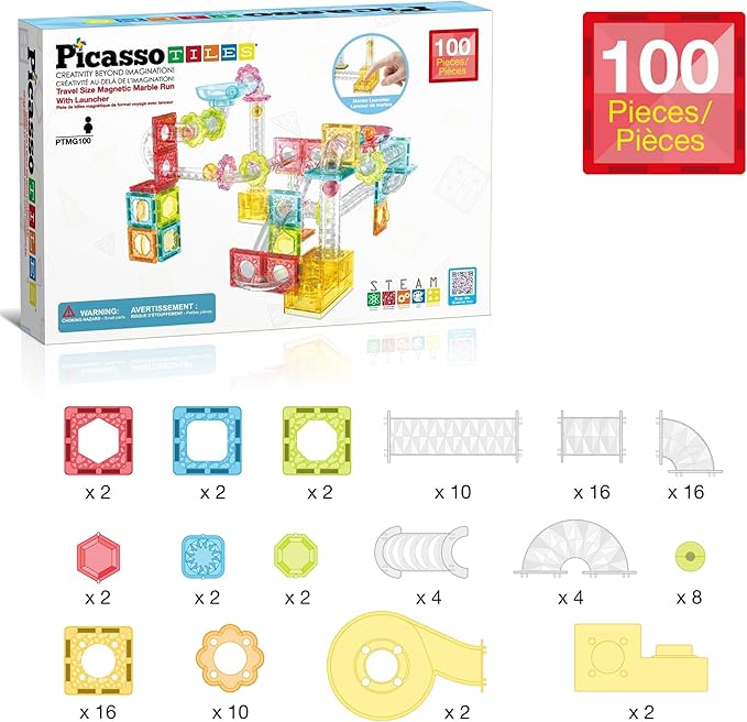 PicassoTiles 100 Piece Magnetic Marble Run Travel Size Sensory Toddlers Construction Toy Set Mini Diamond Magnet Tiles Marbles for Kids Race Track Building Blocks STEM Learning Kit Boy Girl 3+ PTMG100