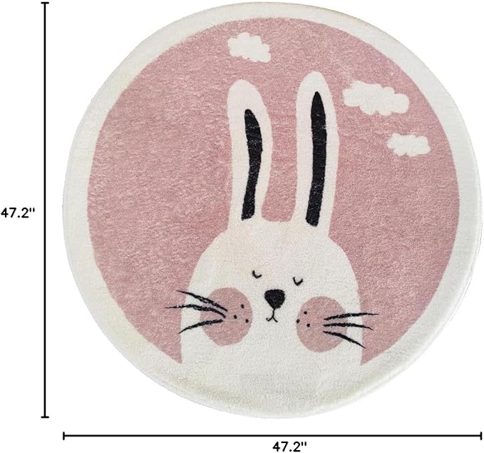 Poowe Pink Rabbit Soft Plush Round Rug for Kids Room - 4 ft Alphabet Non Slip Nursery Bedroom Playroom Washable Classroom ABC Circle Rug for Kids Baby Toddlers