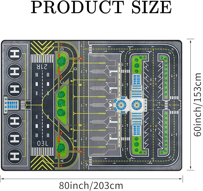 Kids Rug, Aircraft Runway Traffic System Playmat Rugs - 5x7 Ft Kids Carpet with Rubber Backing, Airplane Tarmac Airport Play Mat Great for Bedroom Playroom - Non-Slip Have Fun Safe Nursery Rug