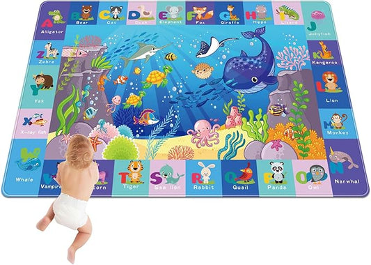 Baby Mat for Floor, Baby Kids Play Mat Rug, Playmat Baby Crawling Mat for Floor, Tummy Time Mat, Non-Toxic Non-Slip Foldable Kids Rugs for Playroom (Sea Animals, 59X39.4 INCH) Blue