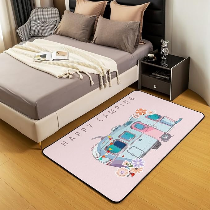 Erosebridal Camper Area Rug 3x5 Happy Camping Rug for Kids Girls Boys Cartoon Spring Floral RV Car Travel Carpet Cute Pink Blue Vintage Flowers Non Slip Decorative Rug