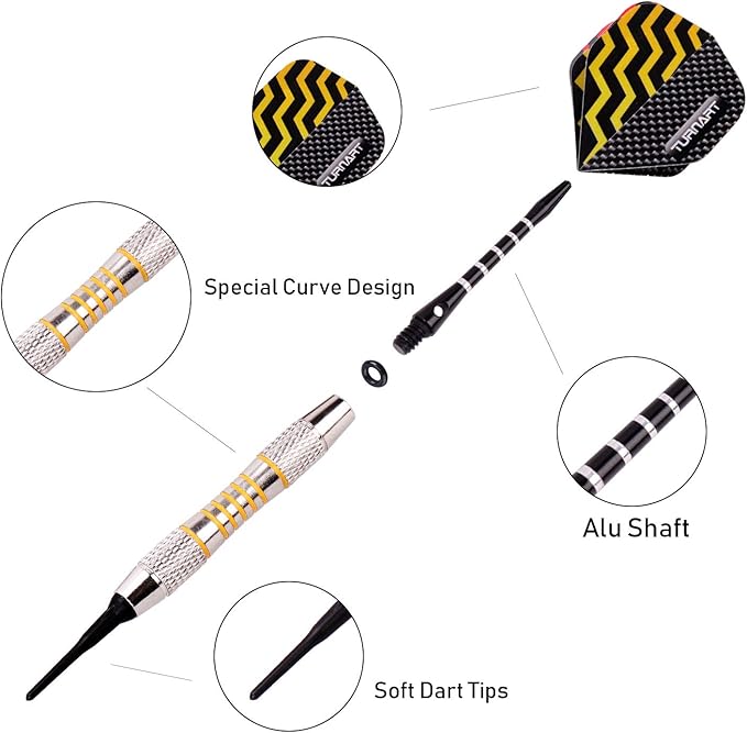 Turnart Darts Plastic Tip - Professional Soft Tip Darts Set for Electronic Dartboard 9 Pcs 18 Grams with 50 Extra Tips 9 Shafts 27 Flights Tool Kit Flight Protectors and Gift Darts Case