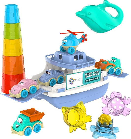 Ferry Boat Bath Toys Set for Kids 15 Pcs | Includes Ferry, Cars, Trucks, Helicopter, Stacking Cups & Toy Animals for Baby Boys & Girls | Water Bathtub Indoor Games for Toddlers | Kids Ages 1+