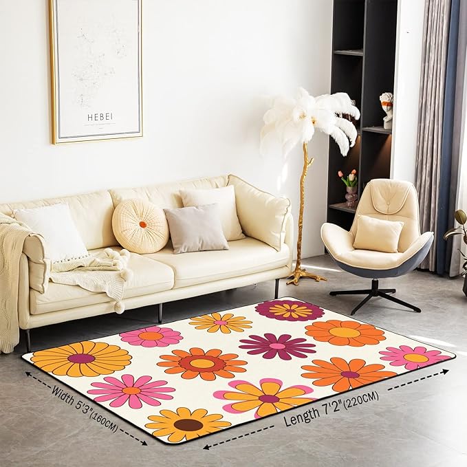 Colorful Groovy Flowers Area Rug 5x7 60S 70S Hippie Rug Cute Aesthetic Floral Carpet for Kids Girls Teen Women Multicolored Botanical Kawaii Decorative Non Shedding Decorative Rug