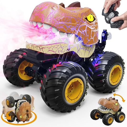 Remote Control Dinosaur Monster Truck, 2.4Ghz RC Stunt Cars for Kids 3-5 with Spray/Lights/Music, Outdoor Toys Dinosaurs Car for 4 6 7 8 Years Old Boys & Girls Christmas Birthday Gifts Ideas