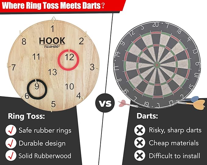 Hook Ring Toss for Kids Adults Indoor Outdoor Family Fun, Wooden Board Darts Wall Game for Game Room, Man Cave, Dorm, Yard Hookey Ring Tossing Games for Home, Party, Office, Backyard