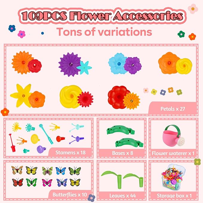 FUNZBO 109pcs Flower Garden Building Toy Set - Spring Toys for 3 4 5 6 7 Years Old Girl, STEM Montessori Educational Toy for Kid Toddler, Sorting & Stacking Building Block Birthday Gift