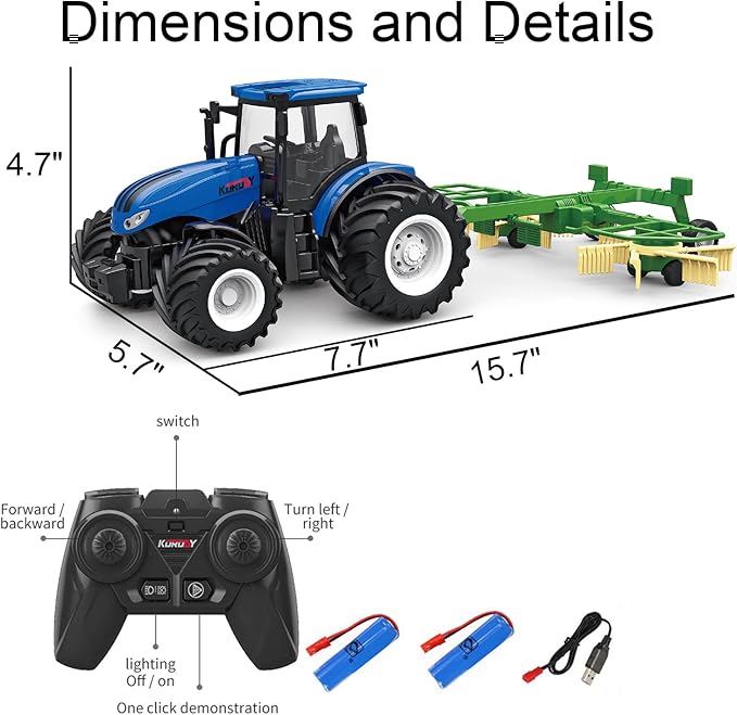 RC Truck Farm Tractor with 2 Rechargeable Batteries - 2.4G 1/24 High Simulation Construction Vehicle with Dual Rotary Swath Windrower，Remote Control Toy with Lights, Hobby Model Toys for Kids 3-6