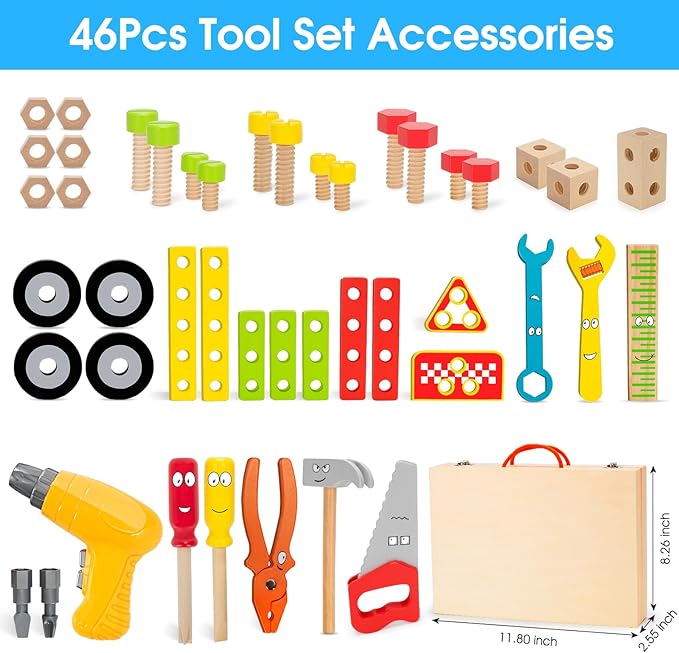 Kids Tool Set with Electric Drill, 46 Pcs Wooden Toddler Play Tools Set with Tool Box, Montessori STEM Educational Construction Building Toy for 3 4 5 6 Year Old Boys Girls Birthday Gifts