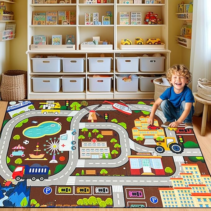 Car Rugs for Kids Toy Cars - City Life Road Rug for Playroom Car Track Rug Car Carpet for Kids Boys Living Room Bedroom Classroom, 3'×5'