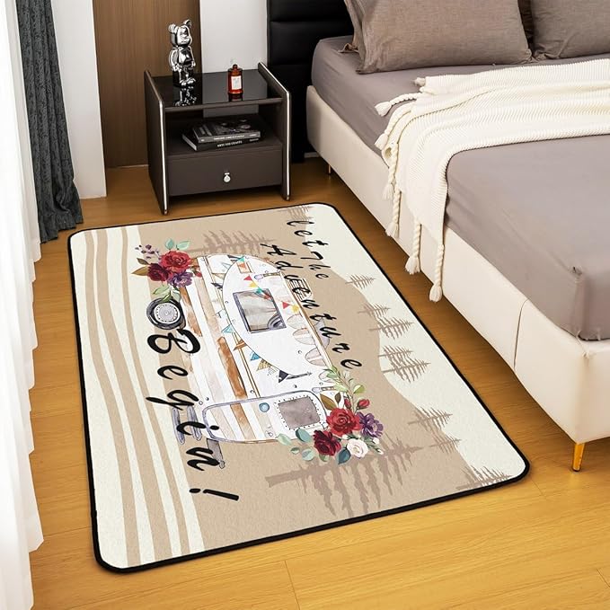 Erosebridal Camper Adventure Area Rug 5x7 RV Car Rug for Adults Men Women Cartoon Spring Flowers Mountain Travel Carpet Retro Brown Abstract Botanical Non Slip Accent Rug