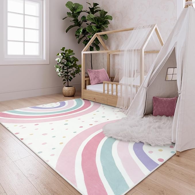 STARUIA 5x7 Washable Rainbow Rug for Kids Room Nursery, Soft Polka Dot Pink Rug for Bedroom Girls, Non-Slip Large Carpet Kids Area Rug for Playroon Princess Castle