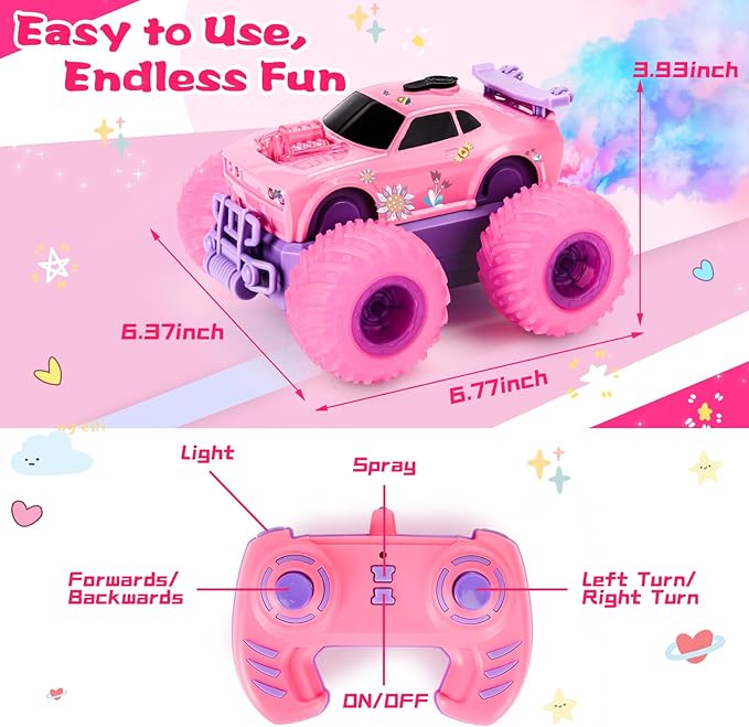 Pink Remote Control Car for Girl, 4WD RC Stunt Car with DIY Sticker, Headlight, Flashing Wheel Light, Rotation, Spin and Spray, Toy Cars for Girl Age 4-6 6-8 Birthday Gift